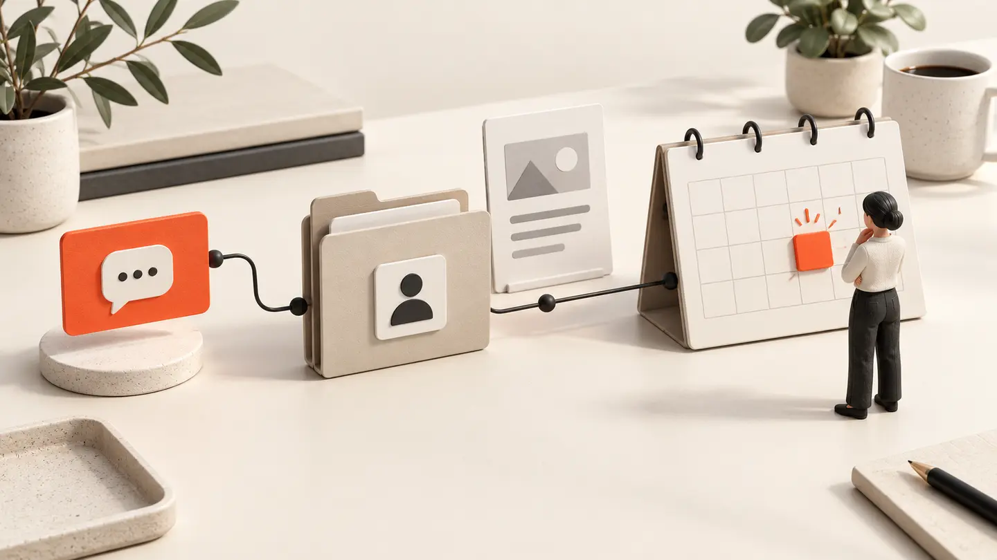 A customer enquiry, shared customer folder and service information connected to a calendar appointment reviewed by a person.