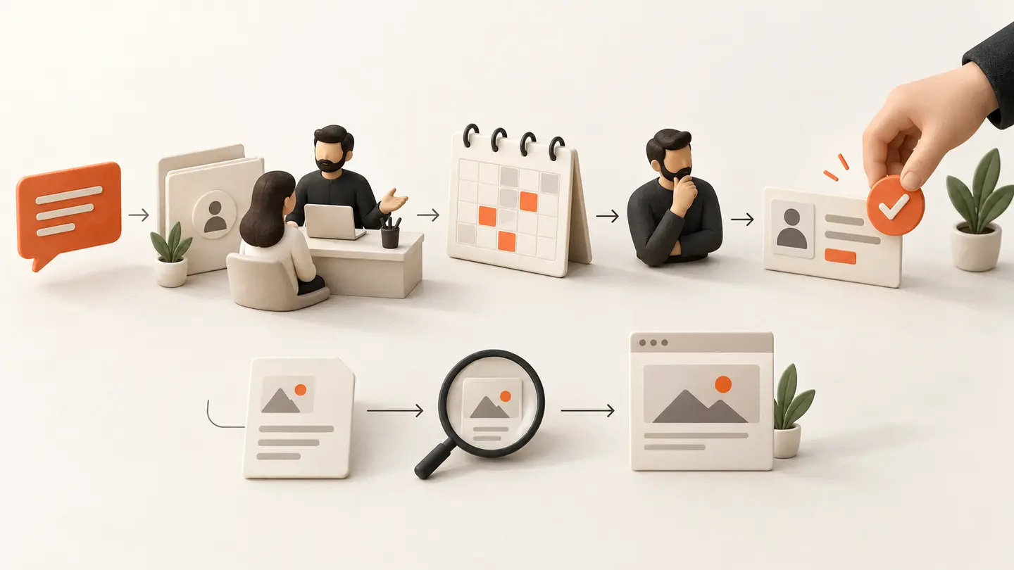 An enquiry passes through ownership and availability checks before a person confirms an appointment; service content follows a separate review path.