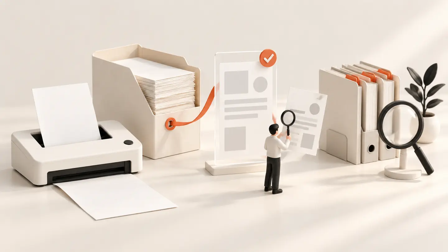An original paper document remains beside its digital record while a person reviews the capture and retrieval process.