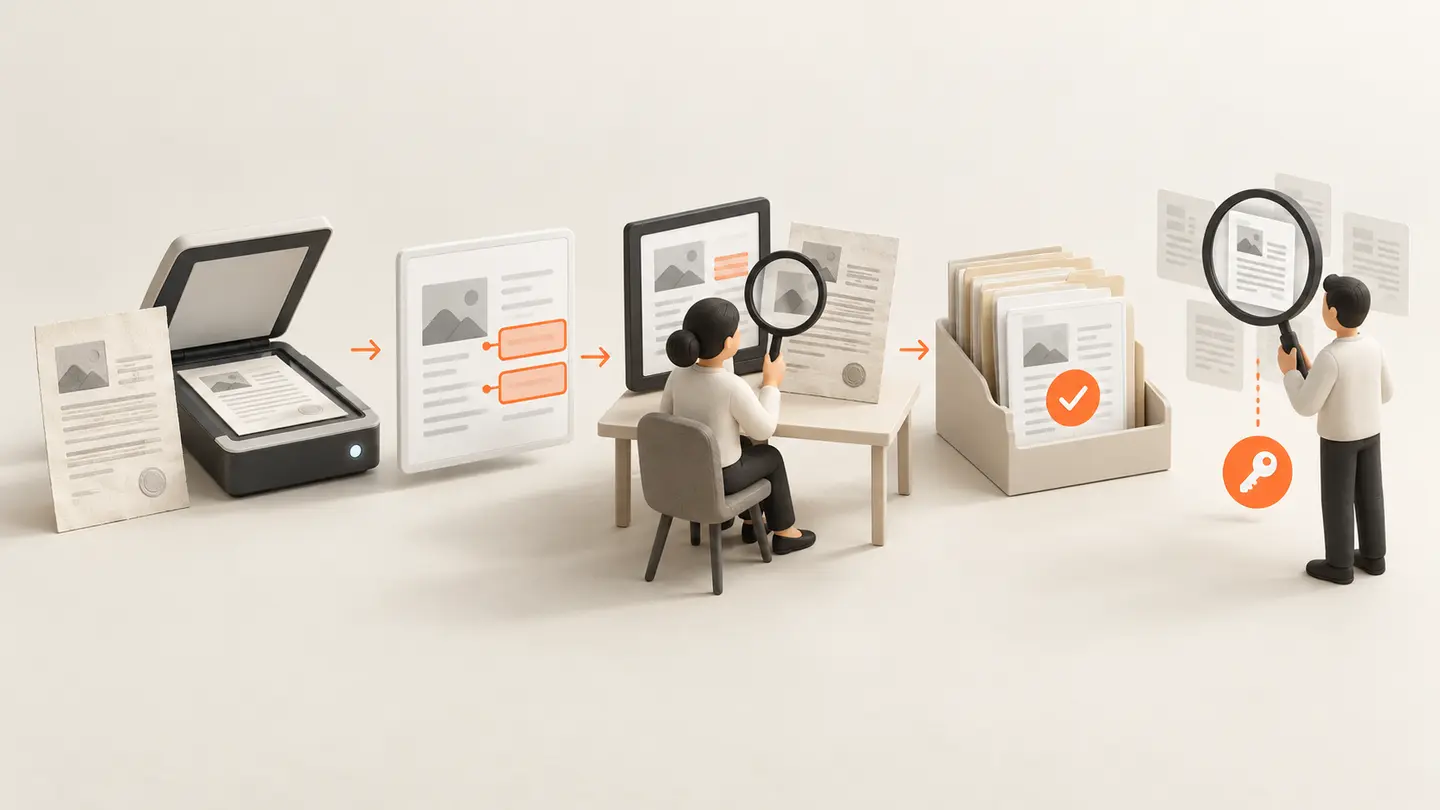 Capture and extracted suggestions pass side-by-side source review before accepted storage, permission-aware search and version inspection.