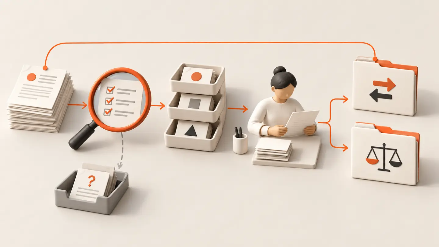 Source records pass checking, categorisation and human approval before separate reports; unresolved items remain outside the finished path.