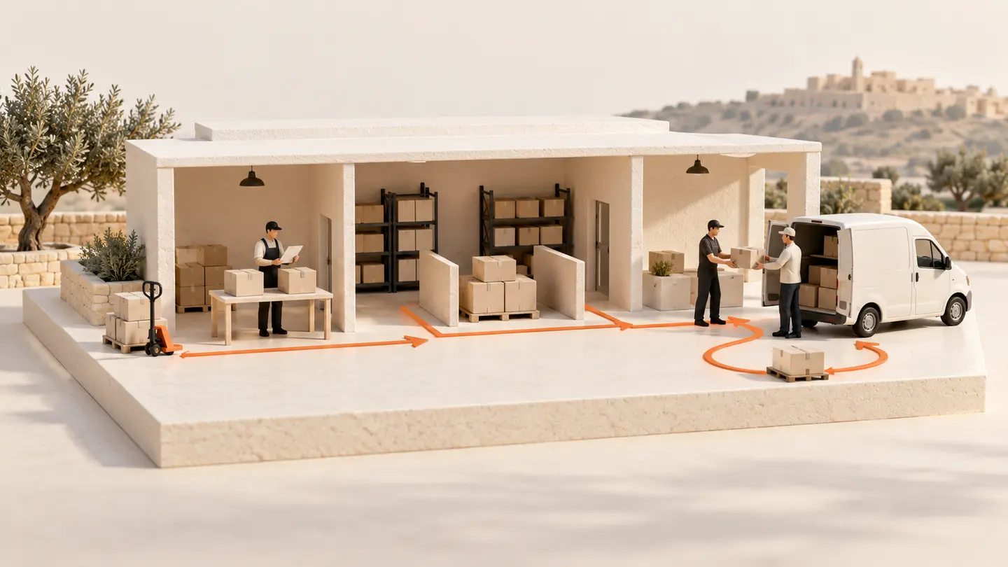 A tabletop model of proposed receiving, holding and dispatch areas, with staff, cartons and a local distribution vehicle.