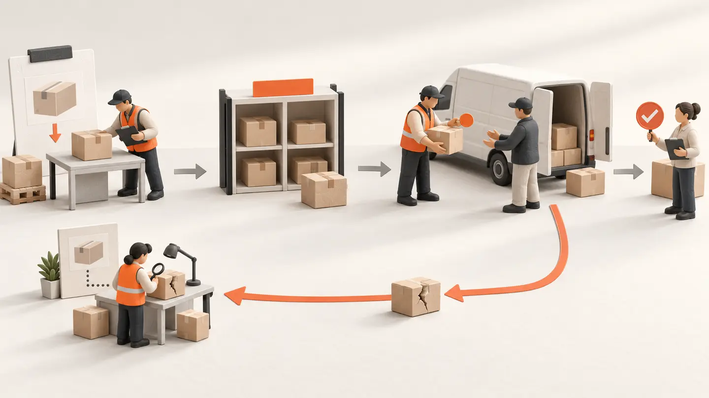A proposed custody flow checks receipt, records holding, authorises release and hands goods to an operator, with a separate exception and return path.