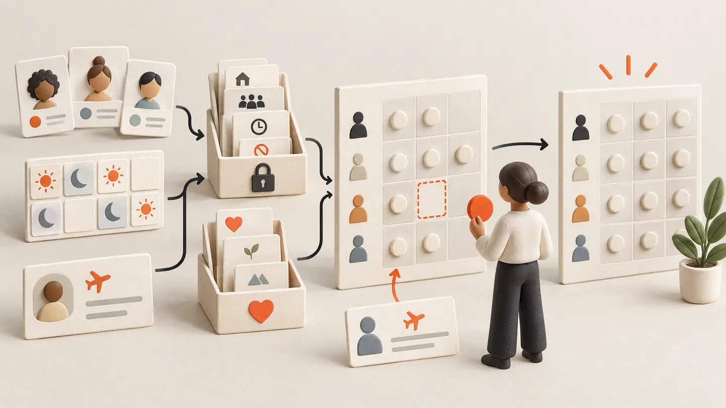 Staff information, availability, constraints and preferences feed a proposed roster with a visible gap before manager review and publication.
