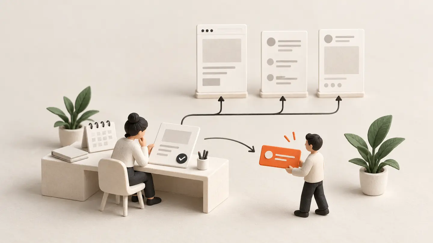 An editorial workspace connects a calendar and distinct website, social and community drafts through human review.