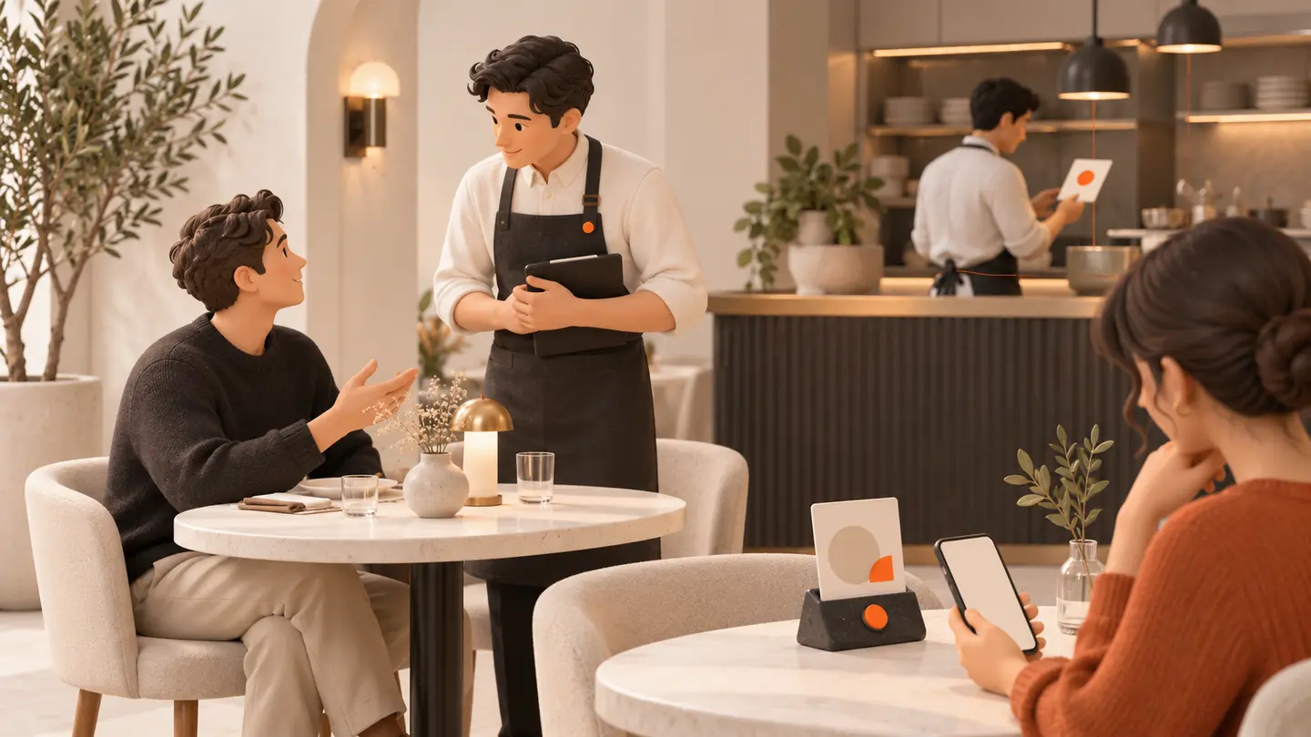 Three service moments: a guest prepares a digital request, a waiter gives personal help, and staff review an orderly request.