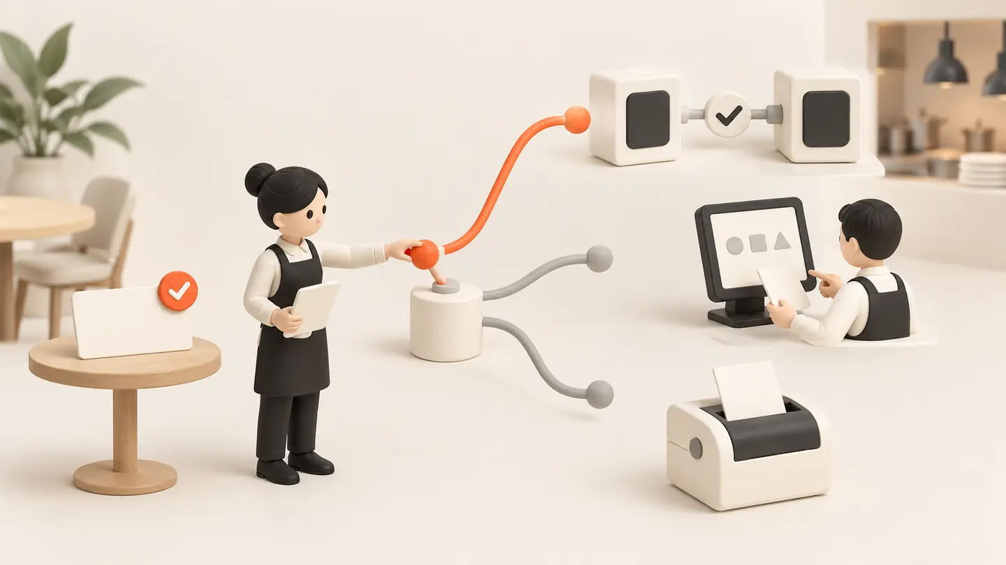 An accepted request can follow one chosen route: supported system connection, staff-screen entry, or compatible kitchen-ticket printing.