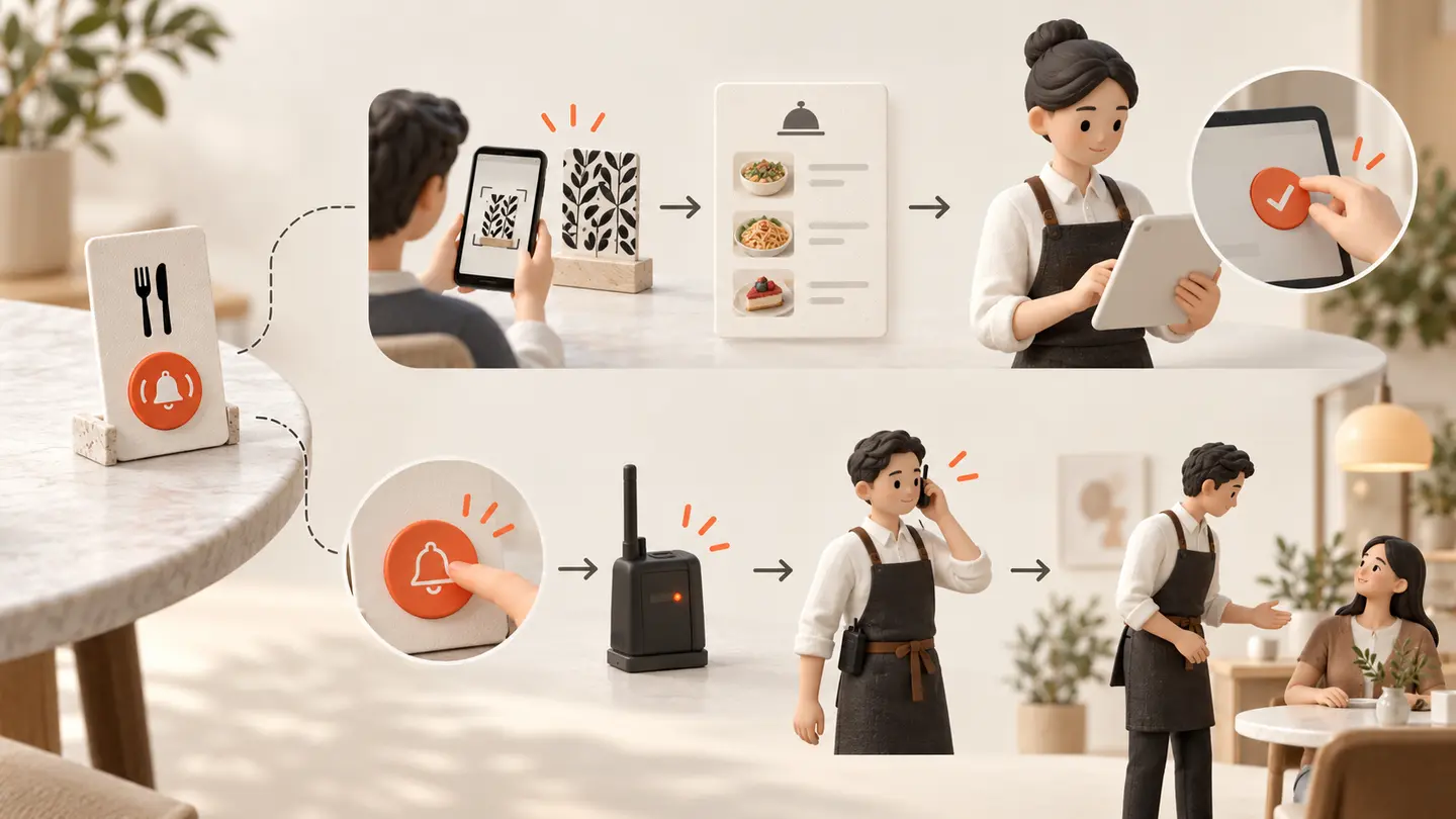 Two service paths: a phone menu request reaches staff for acceptance, while a physical call button alerts a receiver and a waiter responds.