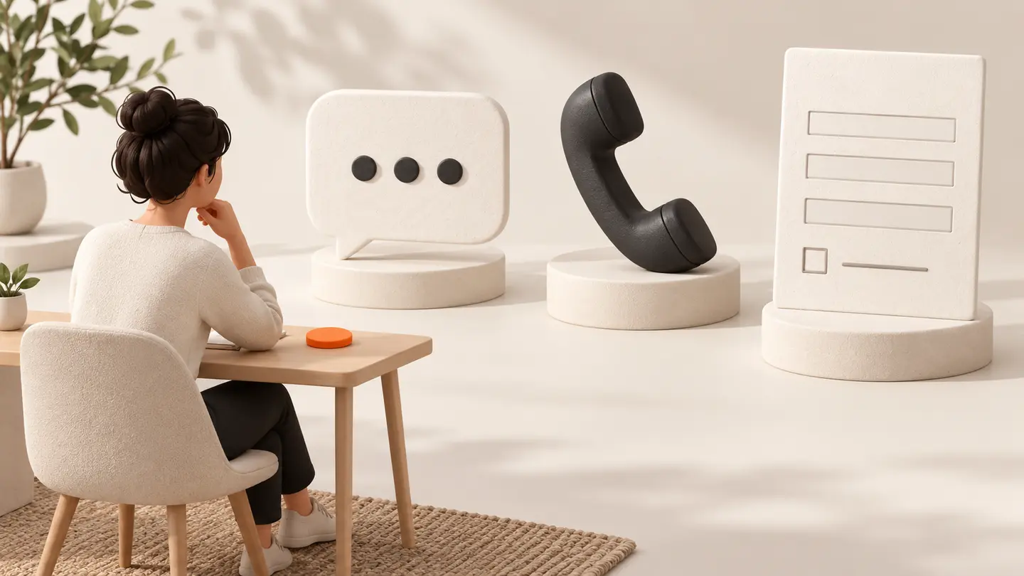A person considers a message, phone call or short enquiry form as separate contact options, with nothing sent automatically.
