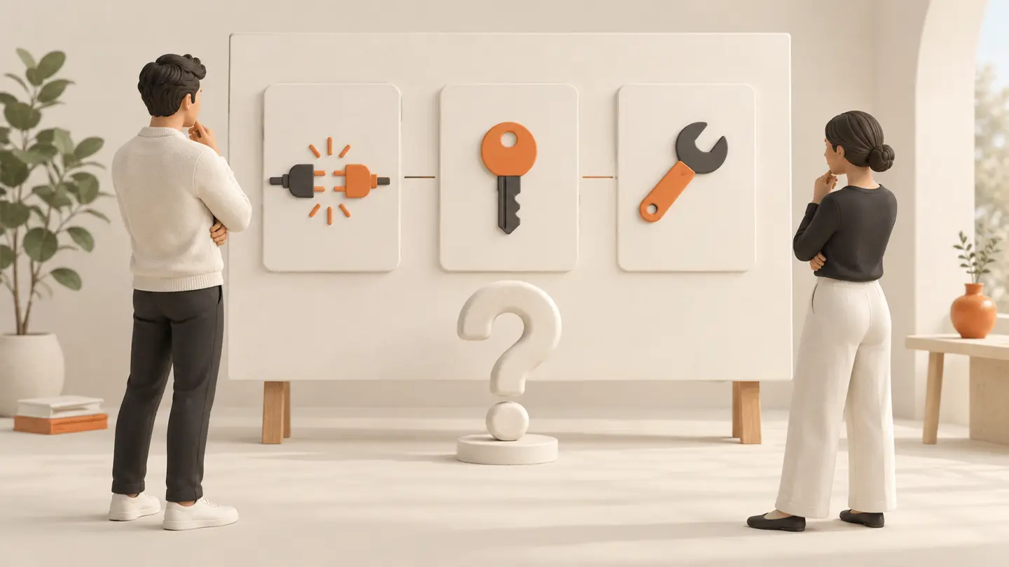 Two people consider open questions about connections, access and upkeep before deciding on a proposed system.