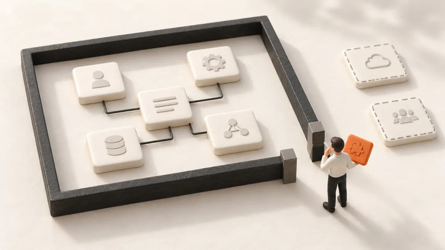 A deliberate boundary contains included components while optional additions wait outside an approval gate.