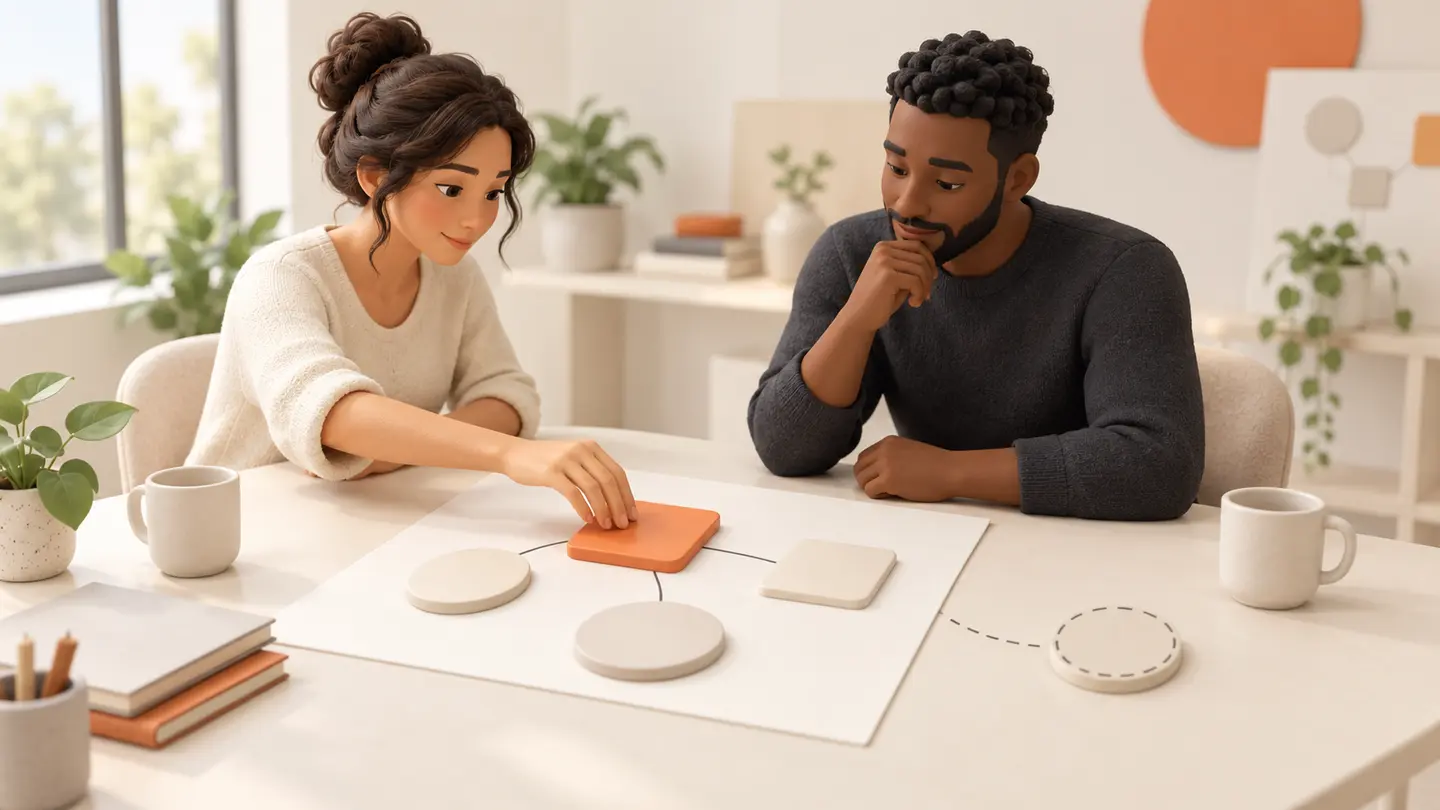 Two people examine and adjust a concept together during an open discussion about a possible pilot.