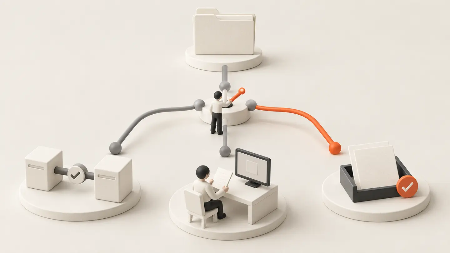 One authoritative record reaches a human choice between a verified connection, manual staff handling and a reviewed file handoff.