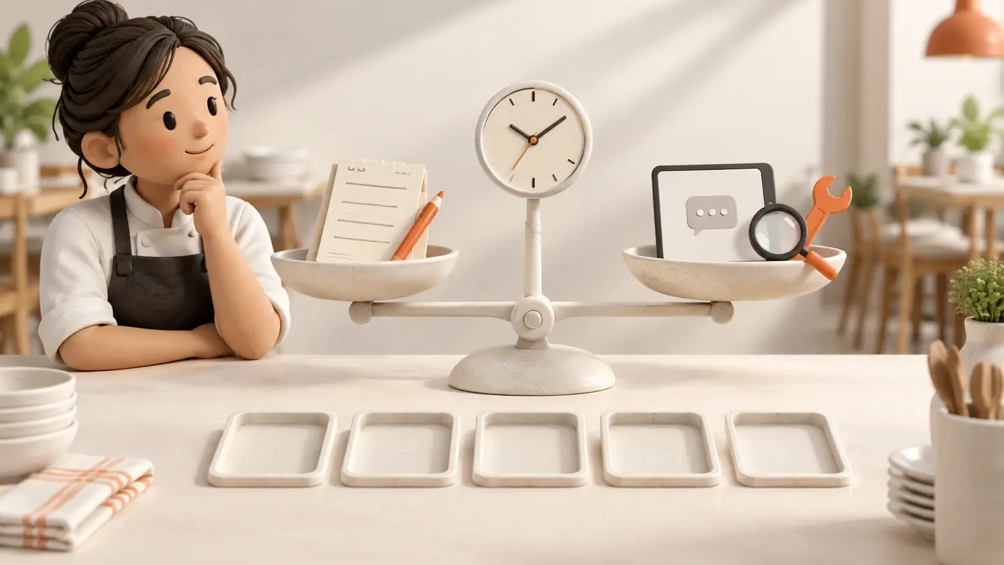 A neutral balance compares routine ordering work with digital handling, human review and upkeep; five input spaces remain empty.