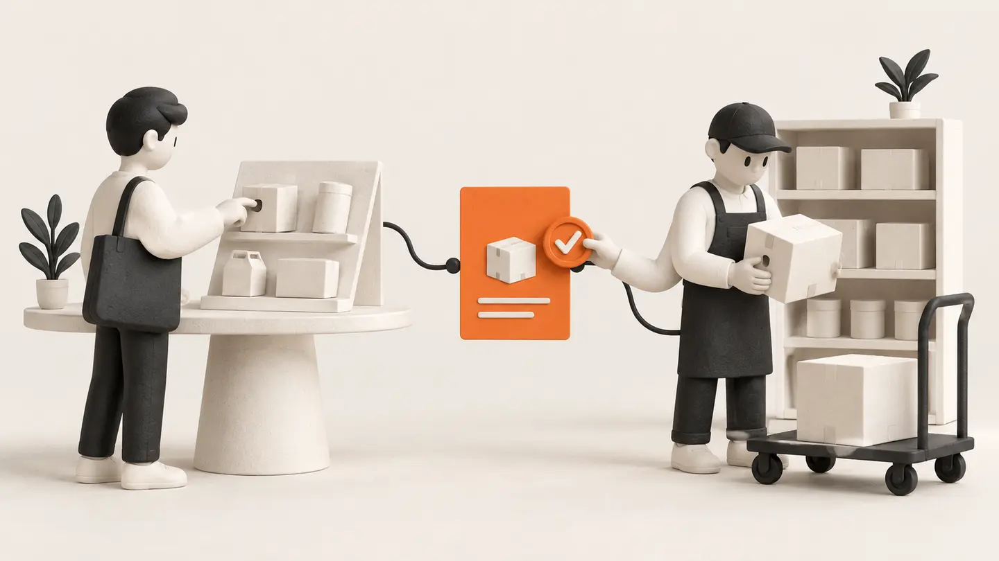 A buyer and supplier review a shared request beside catalogue tiles and packaged goods before a goods handoff.