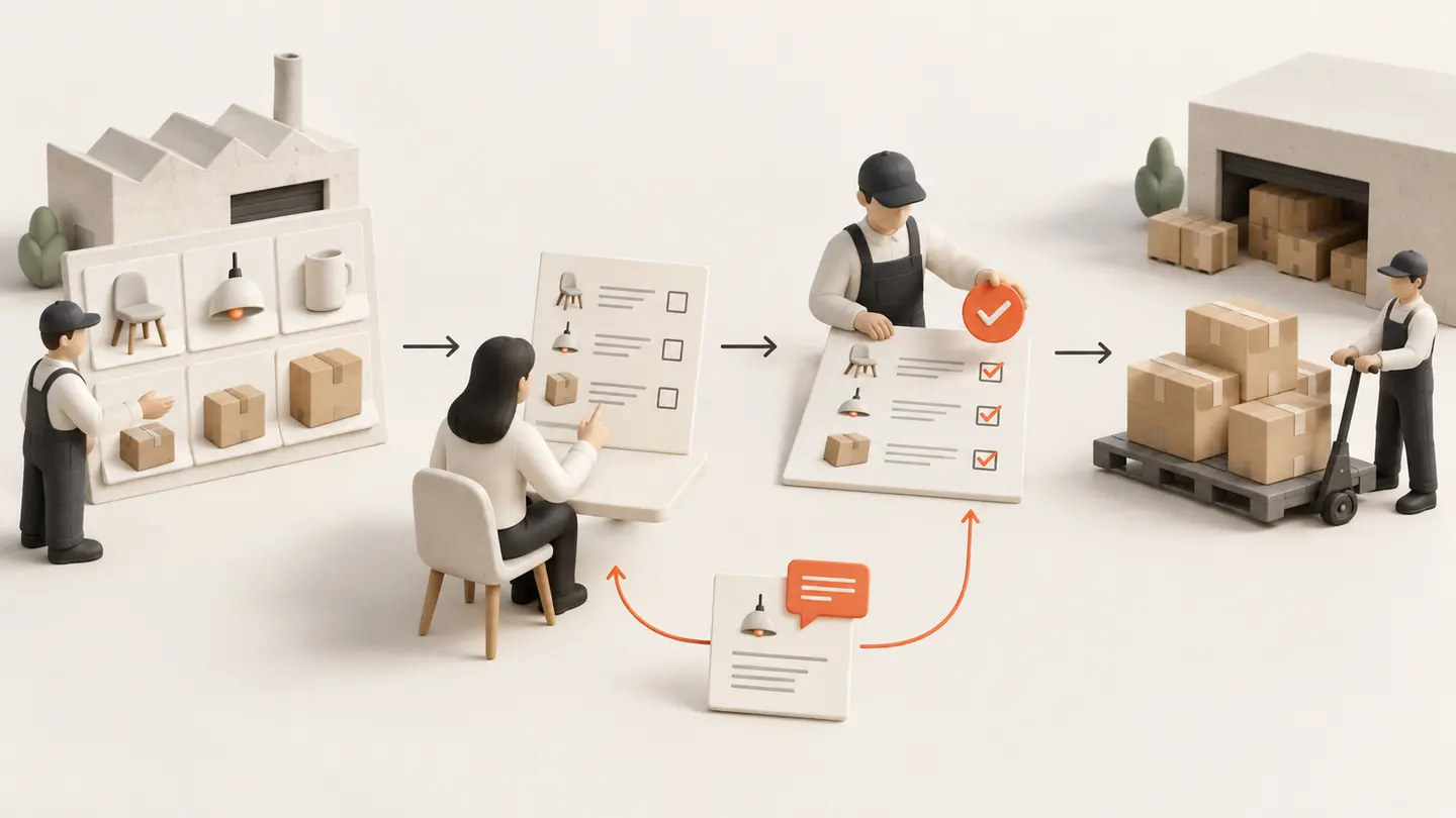 A catalogue leads to a buyer request, supplier review and acceptance before preparation, with proposed changes returned for review.